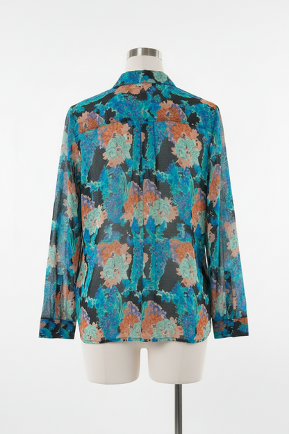 Chemise imprimée femme manches longues, motif floral artistique bleu et vert, facile à porter au quotidien - Abana 64250