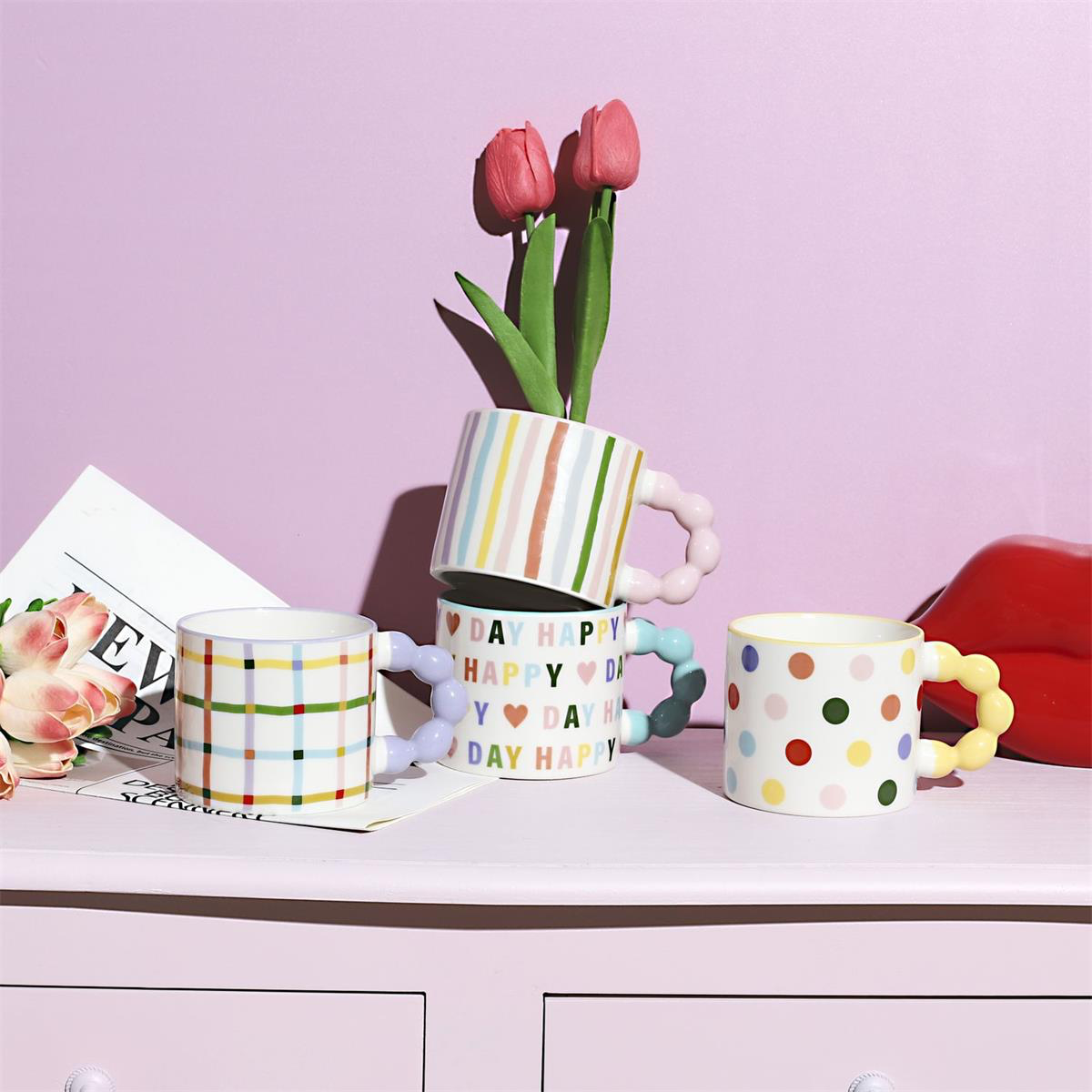 🌈Mugs Happy Mood – Colorés et à anses bulles pastel -4 modèles