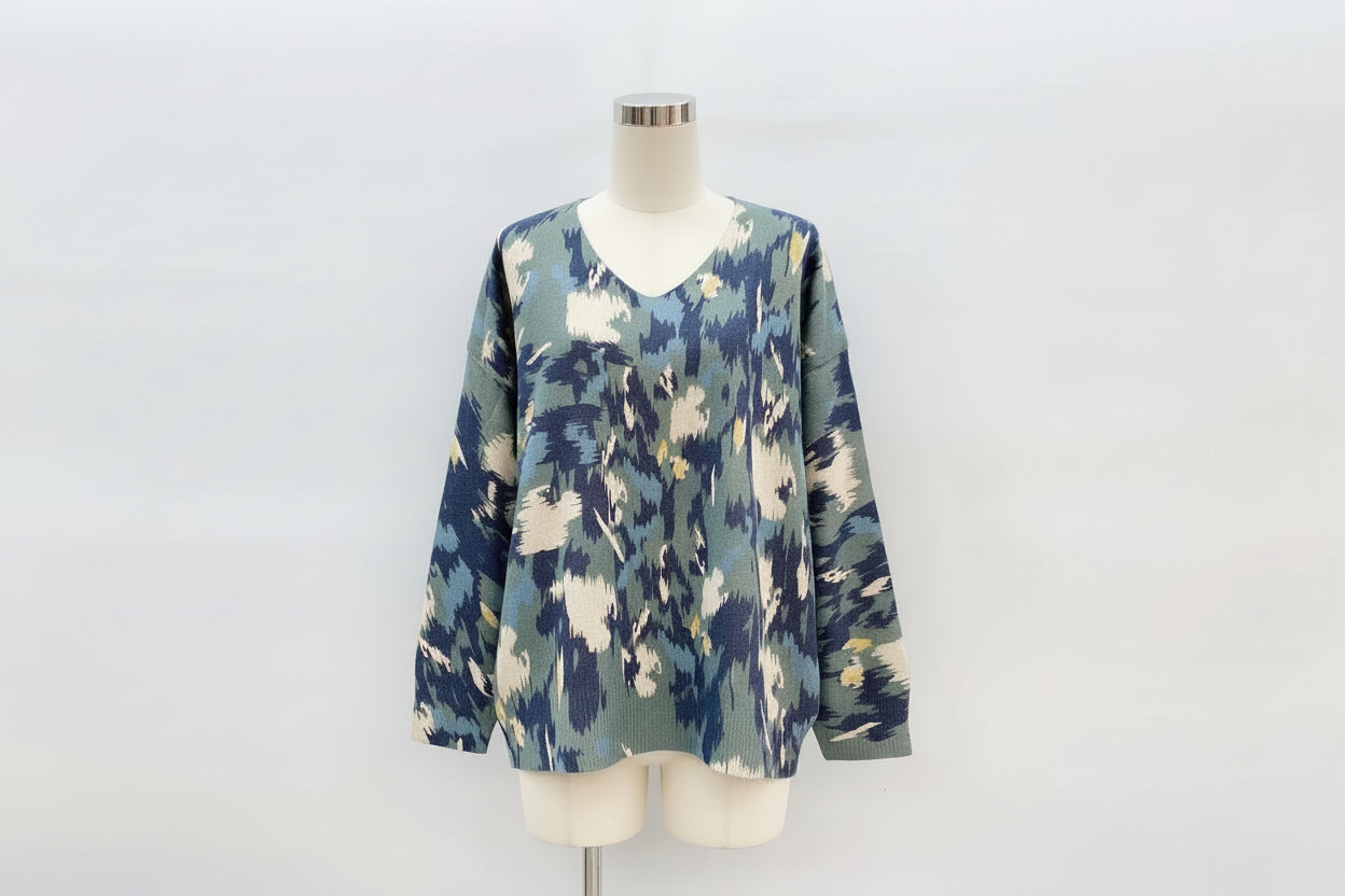 💙Pull col V Cléo – Motif bleu-vert effet brillant