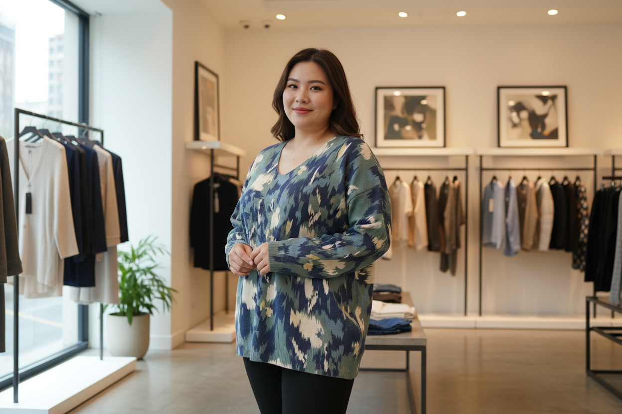 💙Pull col V Cléo – Motif bleu-vert effet brillant