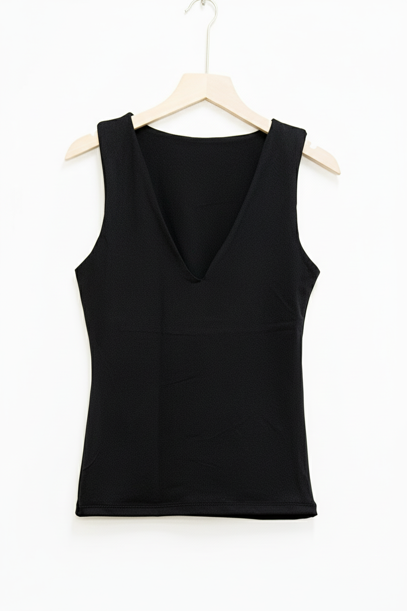 Débardeur noir femme en col V classique, coupe ajustée - Abana 64480