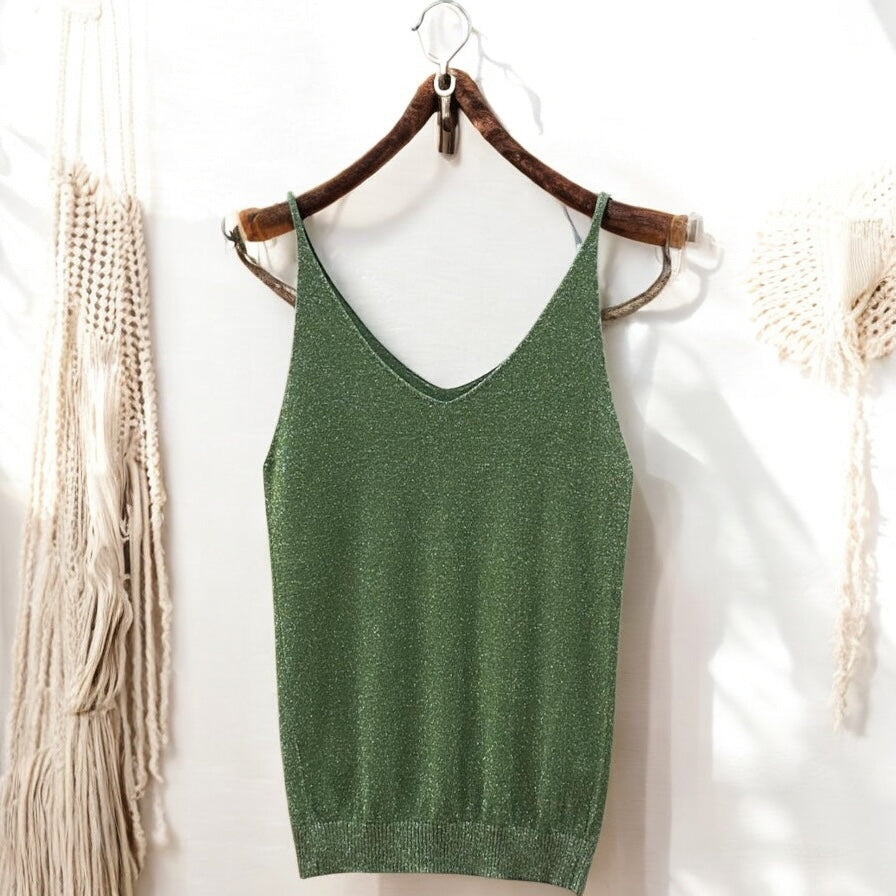 Top DIVINE vert scintillant pour femme, coupe fluide taille unique, idéal pour une tenue élégante et tendance