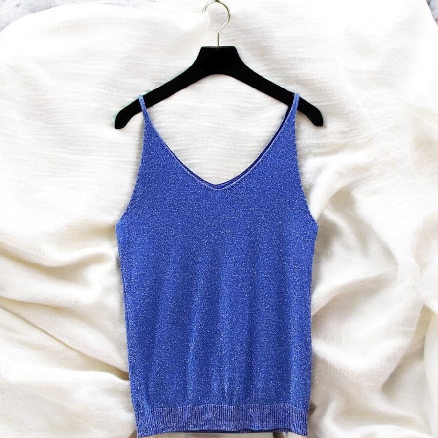 Top DIVINE bleu roi lumineux en maille fine scintillante, taille unique 38/40, à découvrir dans le Pays Basque