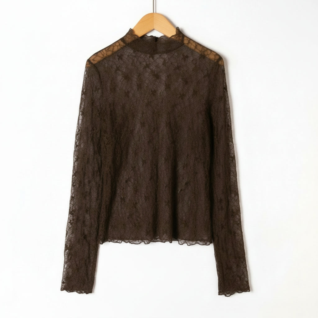 Haut en dentelle marron femme col montant manches longues élégant