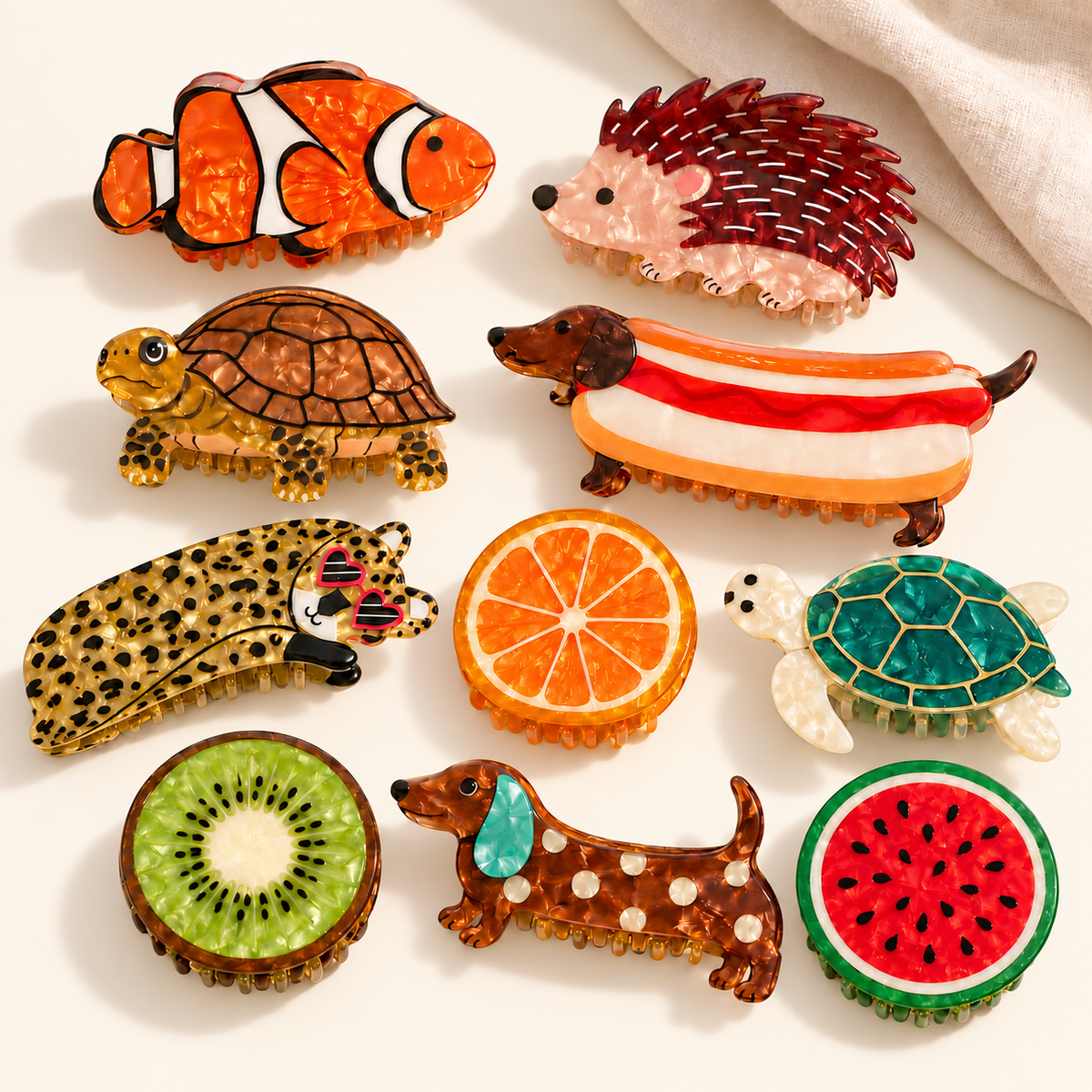 🌈Pince à cheveux originale en acrylique – Animaux et fruits