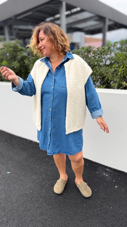 🩵Robe denim Gabrielle – Midi bleu foncé à col chemise