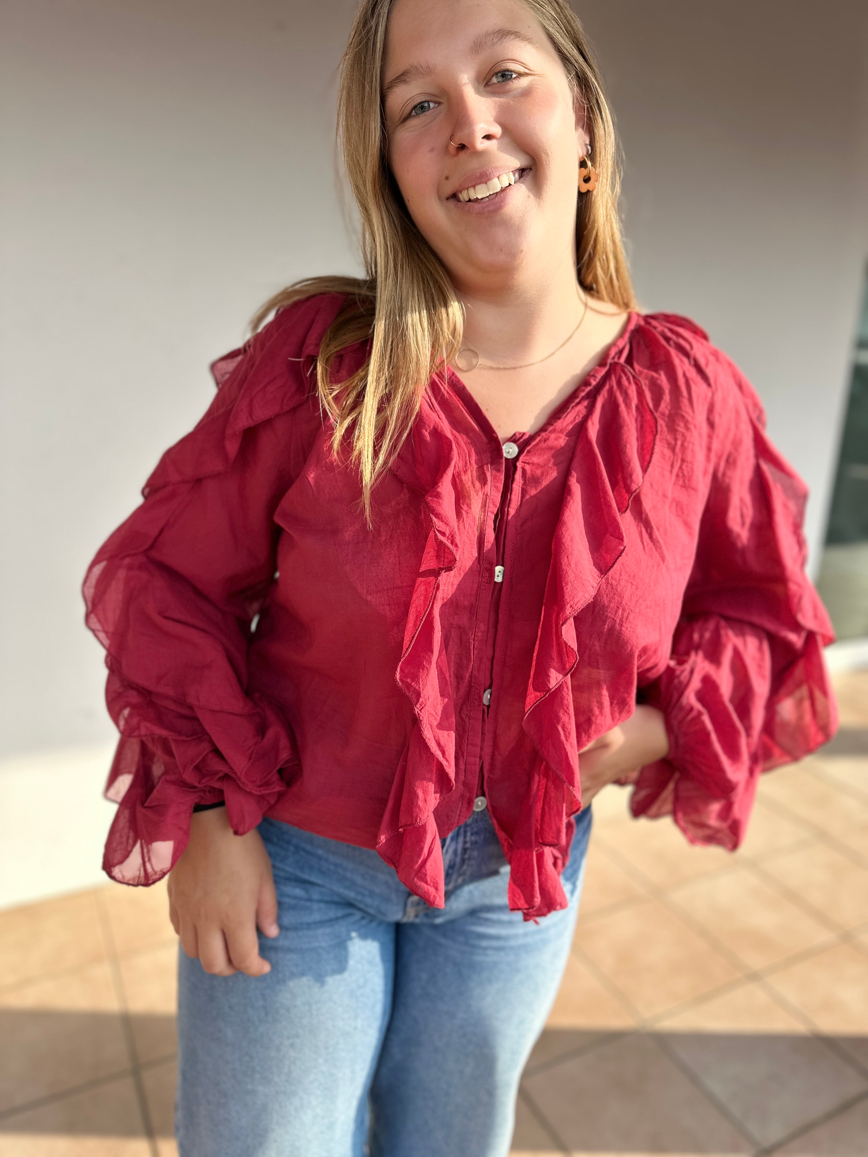 🌸 Blouse Louisa – Rose, Noir ou Cerise – 100 % Coton
