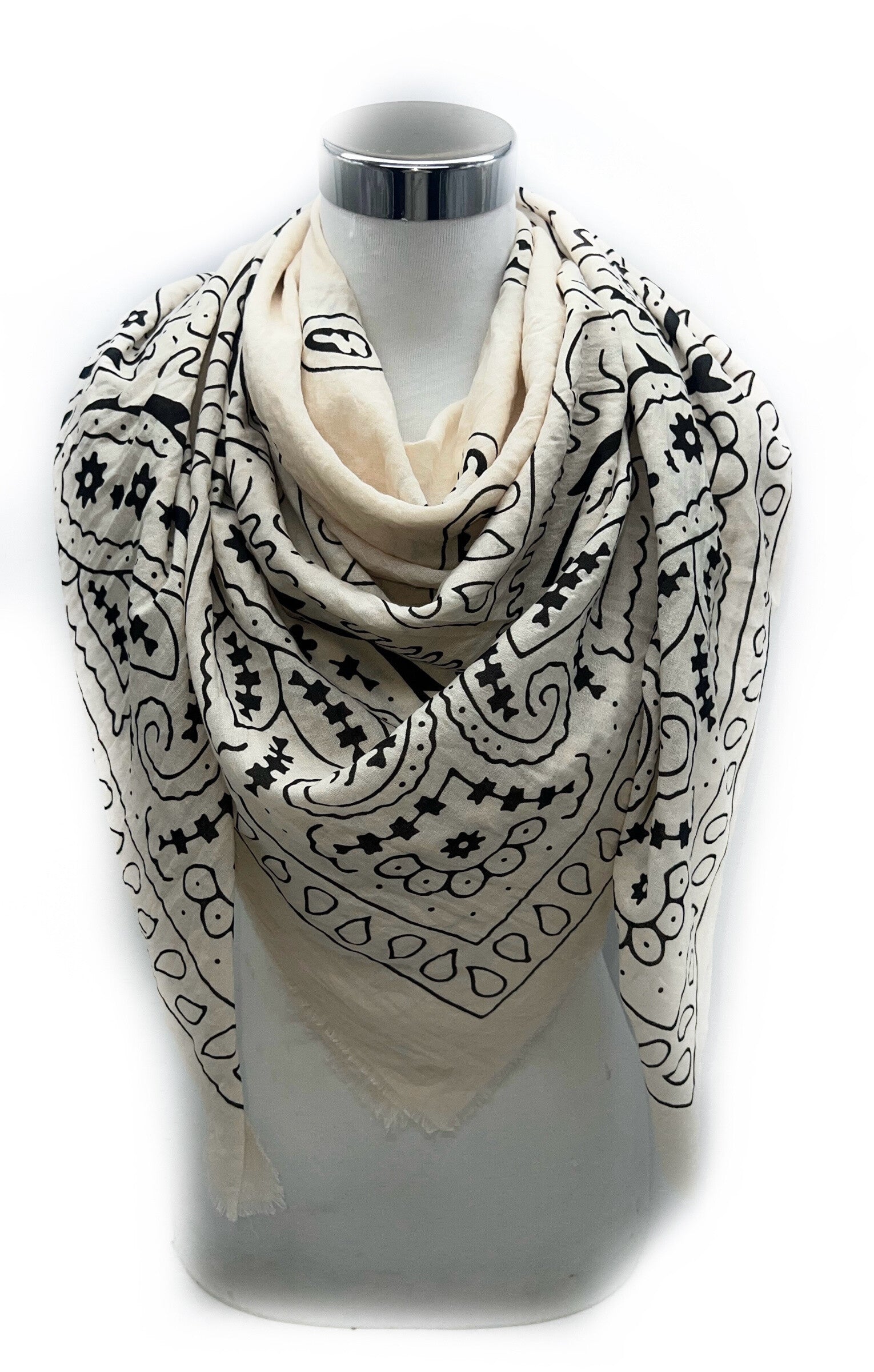 Foulard Zoé écru imprimé noir style bandana bohème – Boutique Abana 64480