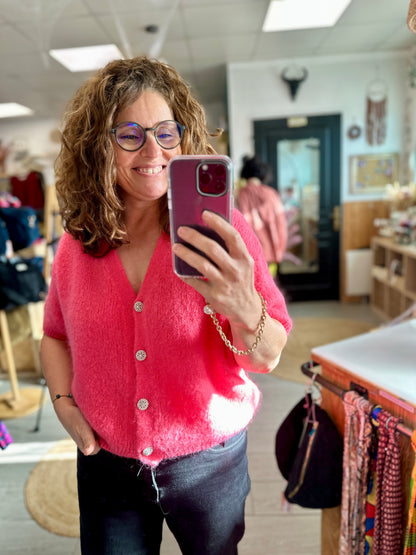 Gilet en maille douce rose corail taille unique 36 à 42 - Abana 64310