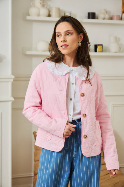 Gilet Apolline rose pour femme, en coton matelassé, manches longues