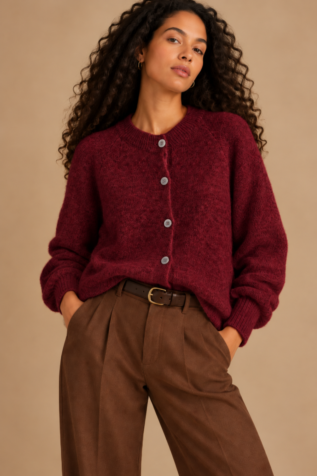 Gilet femme bordeaux en mélange de laine et mohair, col rond, manches longues et fermeture boutonnée, porté de face.
