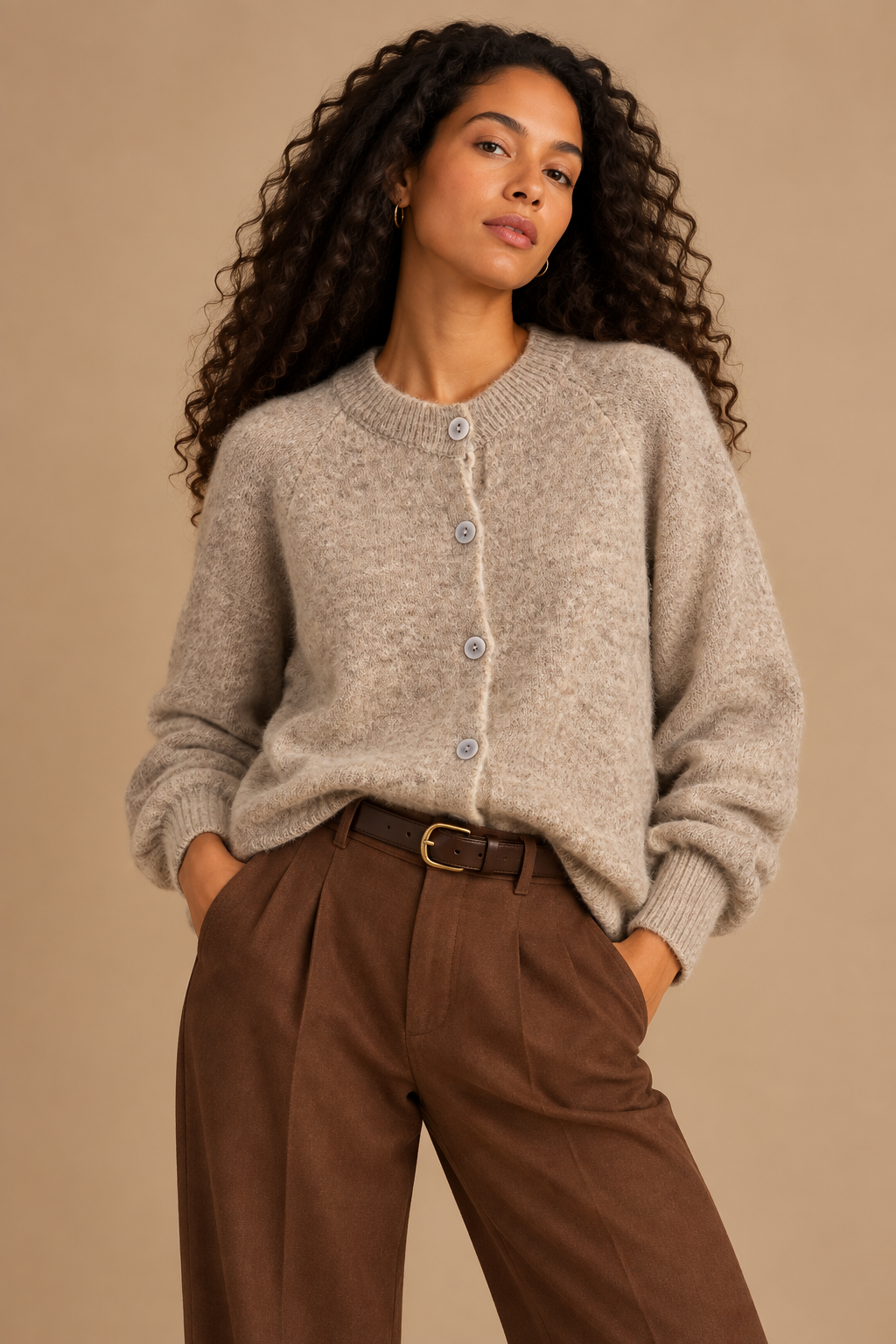 Gilet femme beige clair en mélange de laine et mohair, col rond, manches longues et fermeture boutonnée, porté de face.
