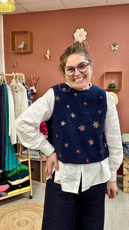 gilet broderie fleurie bleu marine avec neoud poheme carcassonne