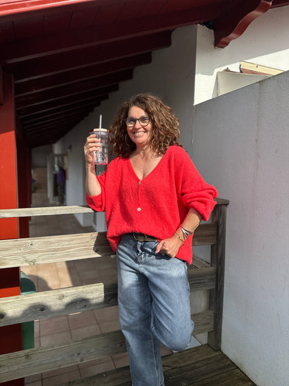 Grosse maille rouge corail lumineuse pour égayer les journées d'automne - Abana Boutique 64310