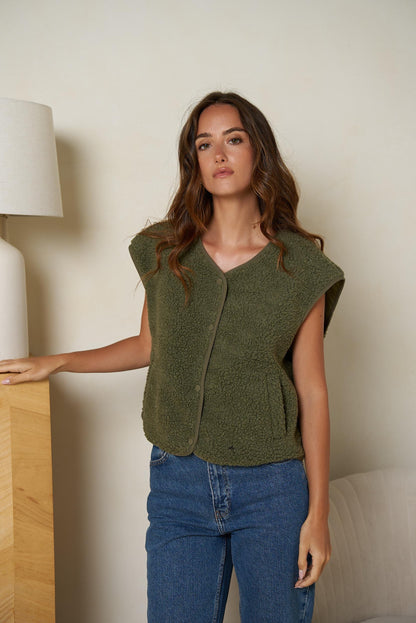 Gilet sans manches kaki en matière doudou, coupe droite - Abana 64250