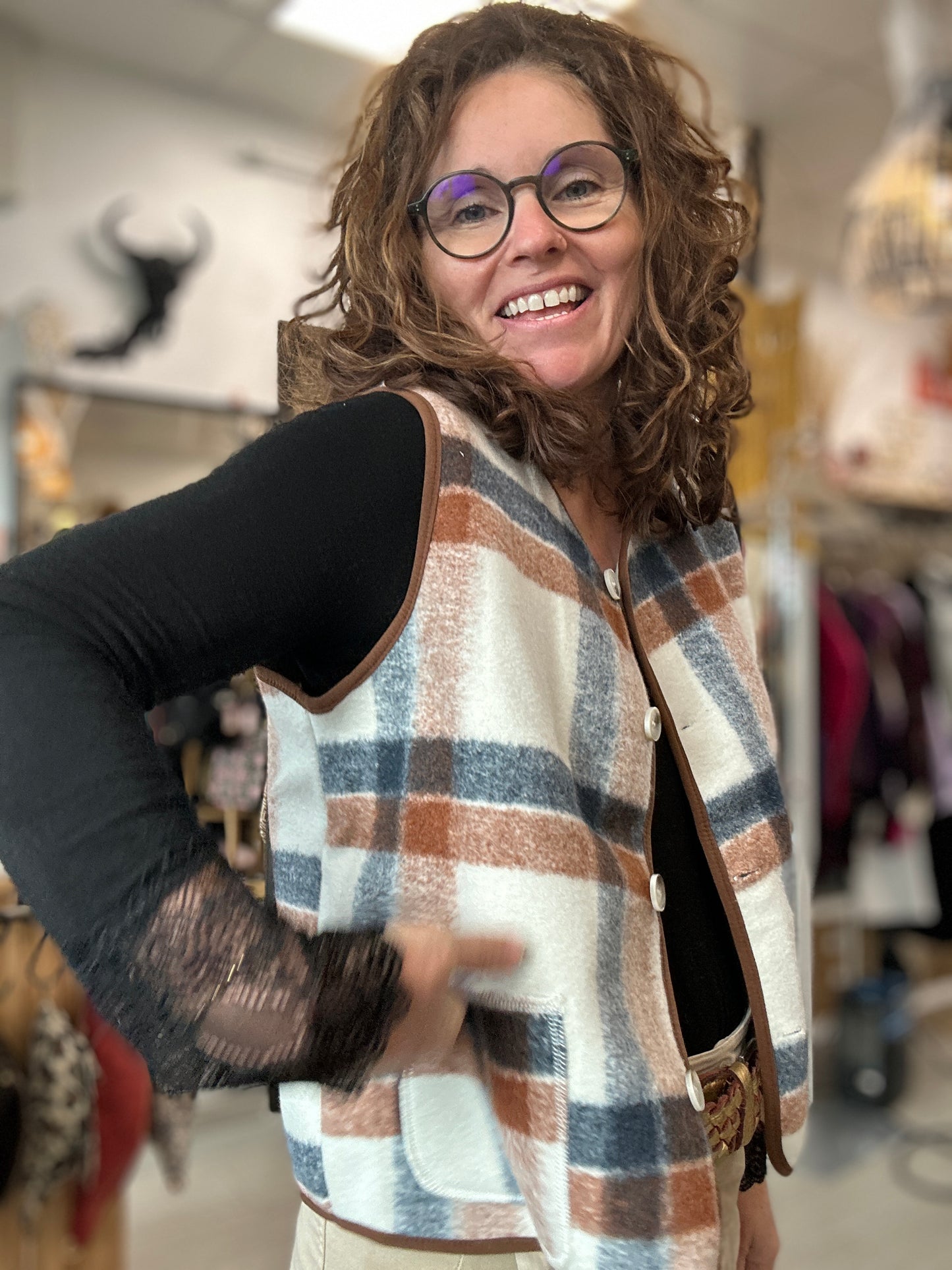 gilet épais à boutons en laine façon tartan rétro - abana 64310