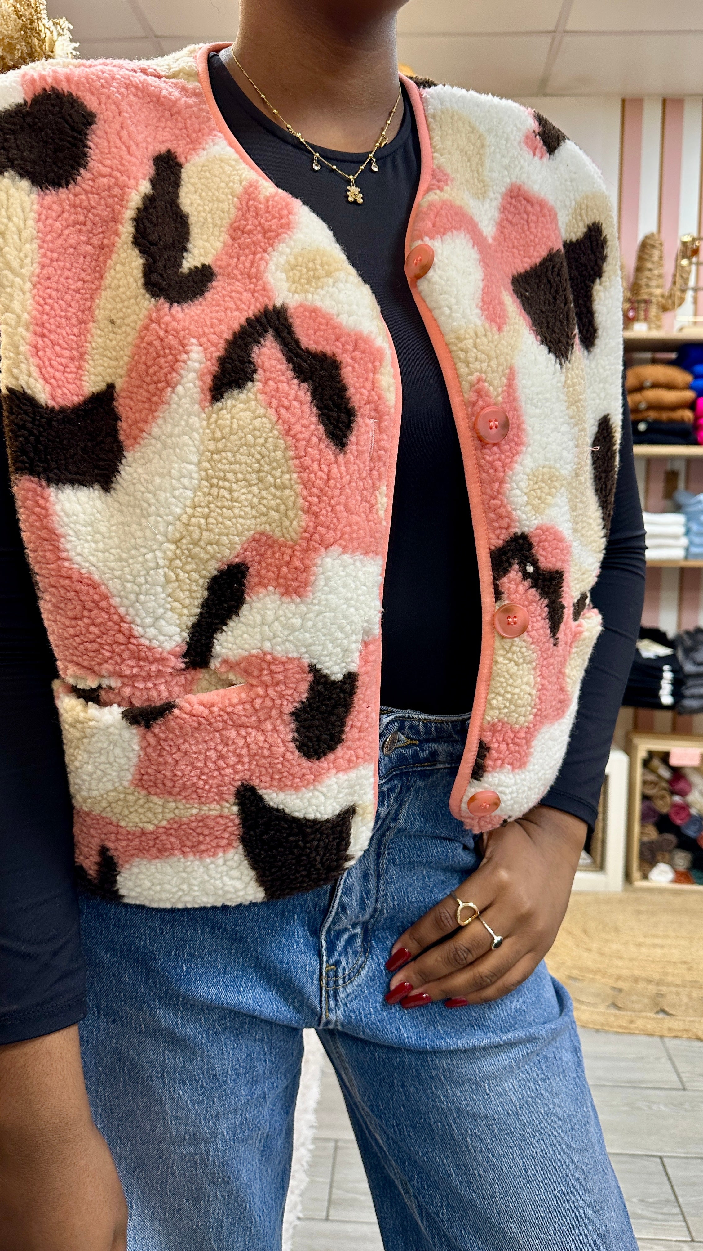 gilet sans manches teddy imprime rose kilky paris