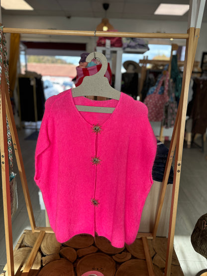 Gilet fuchsia oversize avec 3 broches soleil sur le devant - Abana 64310