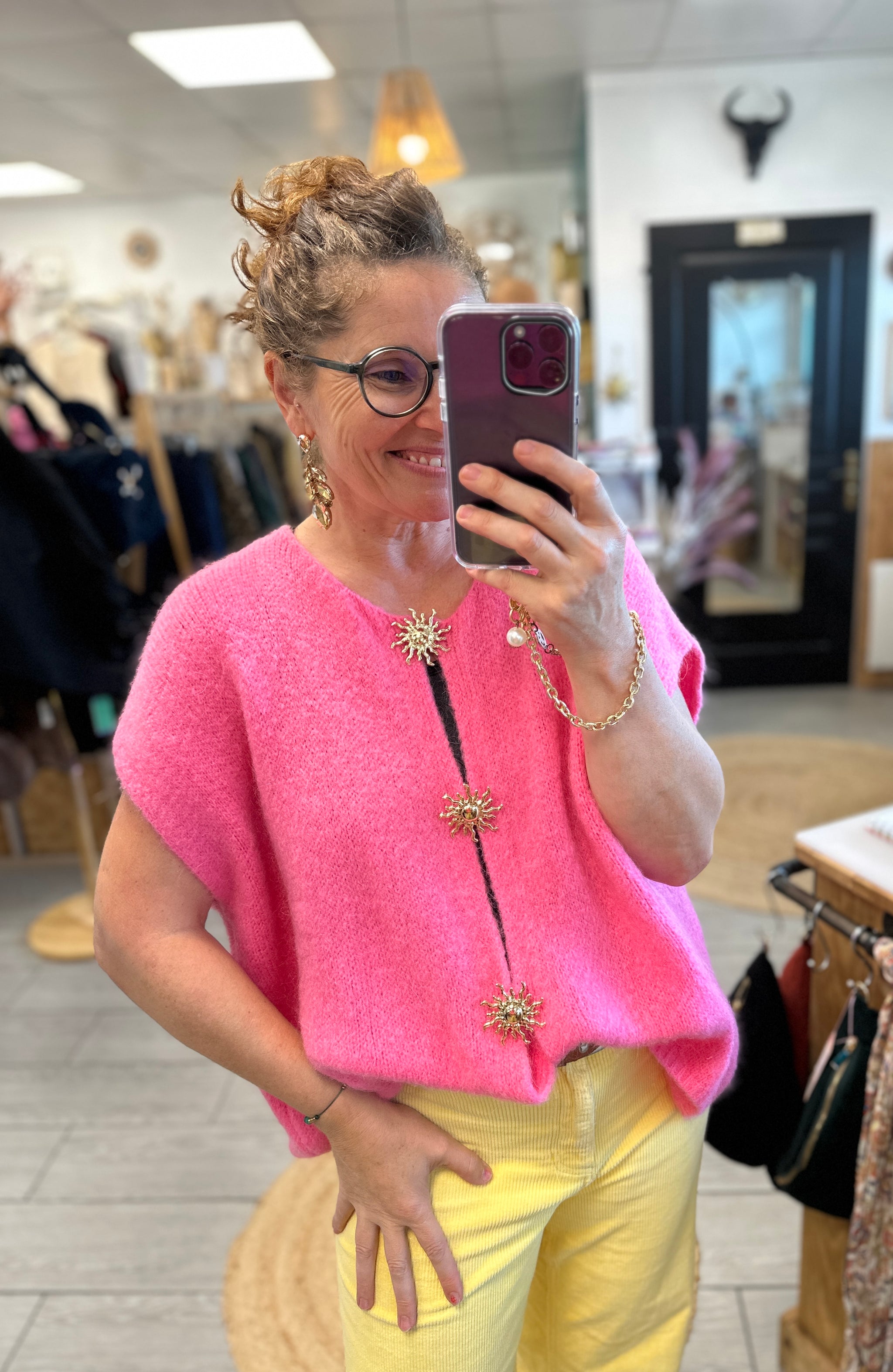 Gilet sans manches rose poudré en mohair avec broches amovibles - Abana Boutique 64310