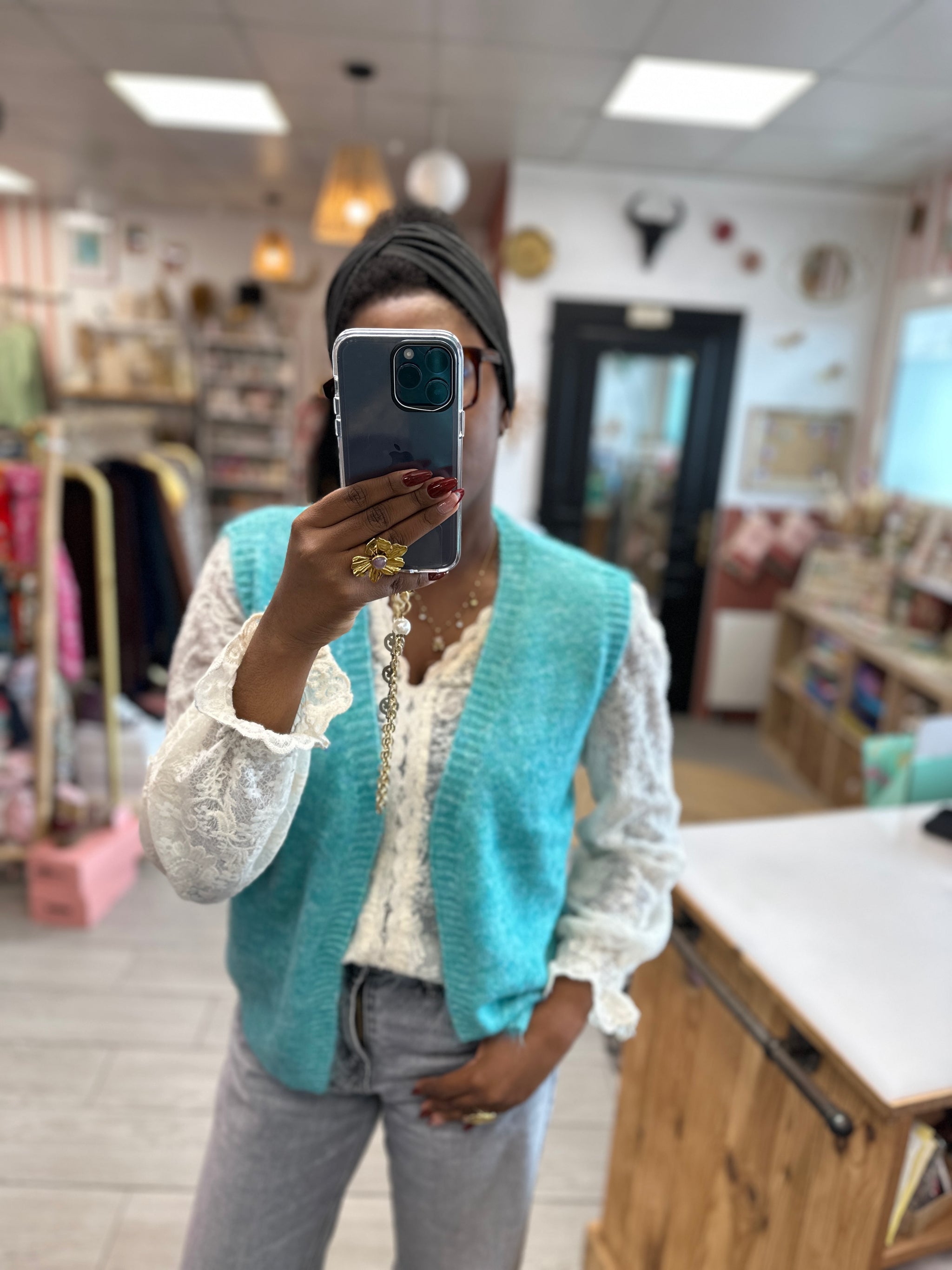 Gilet sans manches maille légère couleur sauge look bohème chic - Farfalla 21231