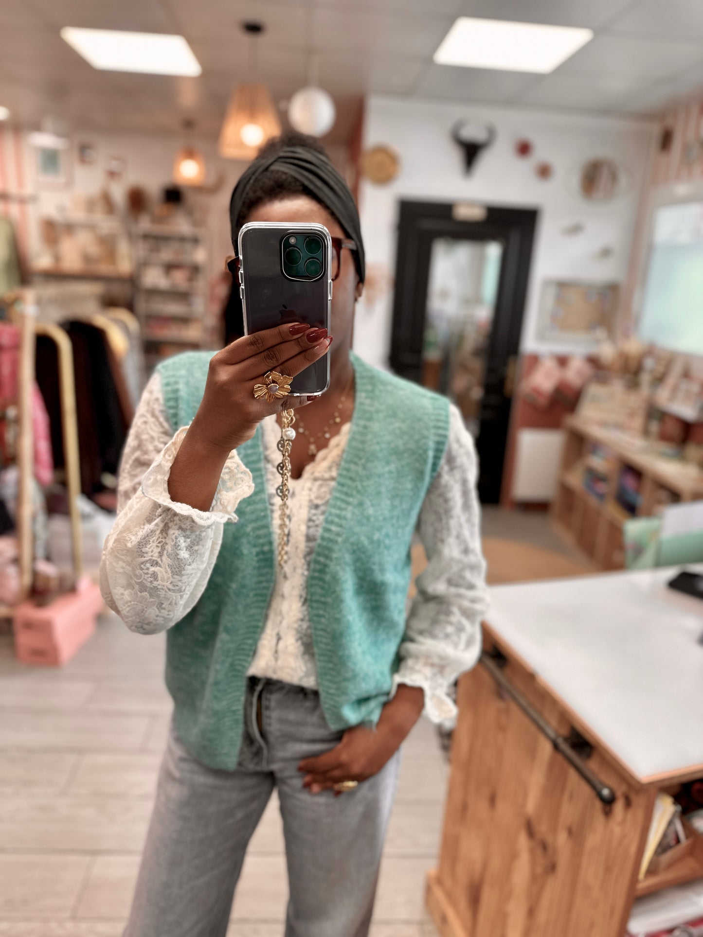 Gilet sans manches vert sauge style layering mi-saison Johanna Paris 75000