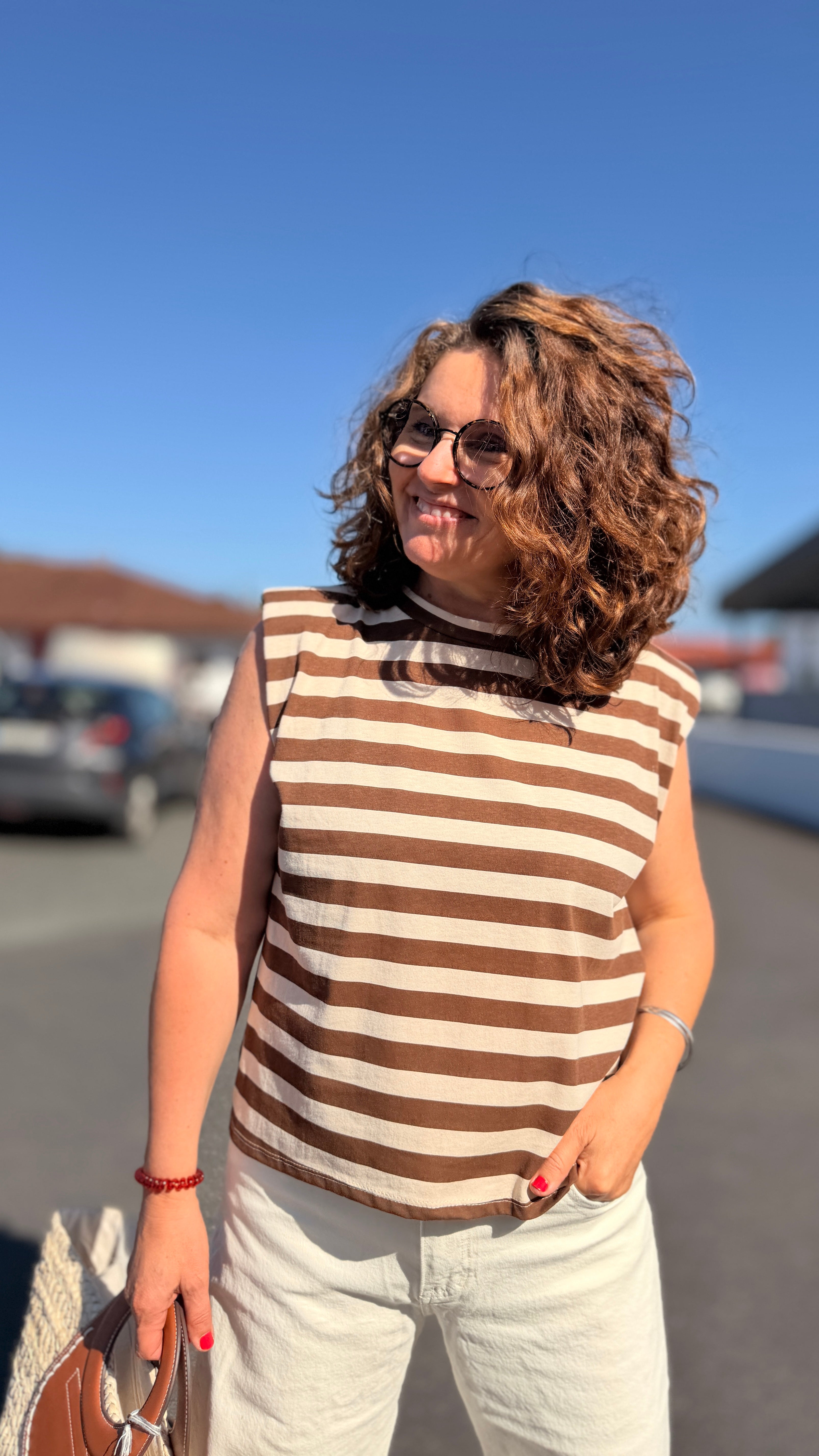 haut a rayure et epaulette marron et blanc mode tendance actuel femme emijo ana & lucy bourges nevers auxerre orléans