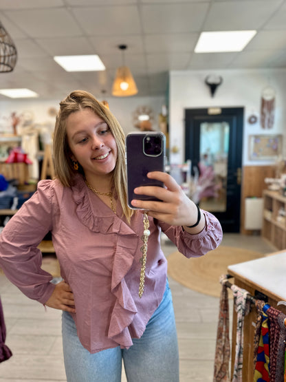 🌸 Blouse Rose à Volant – Élégance Décontractée