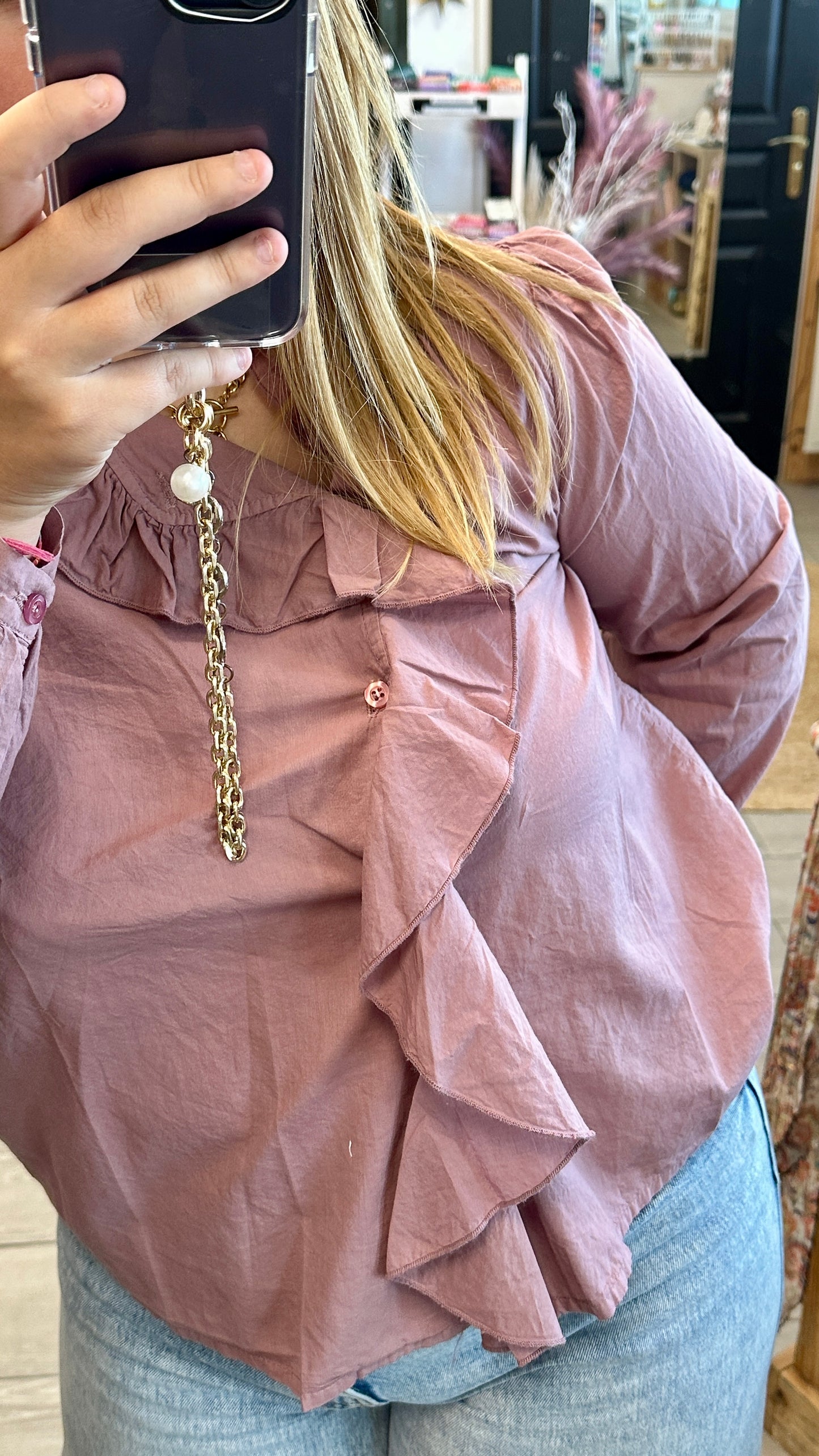 🌸 Blouse Rose à Volant – Élégance Décontractée