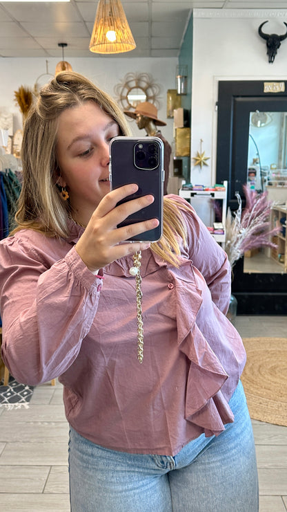 🌸 Blouse Rose à Volant – Élégance Décontractée