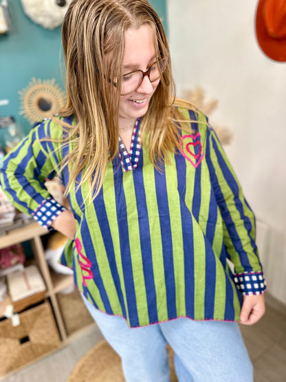 🌟Blouse Rita à rayures et broderies – Grande taille