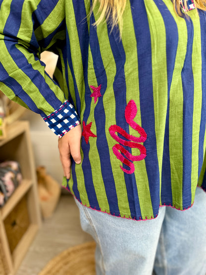 🌟Blouse Rita à rayures et broderies – Grande taille