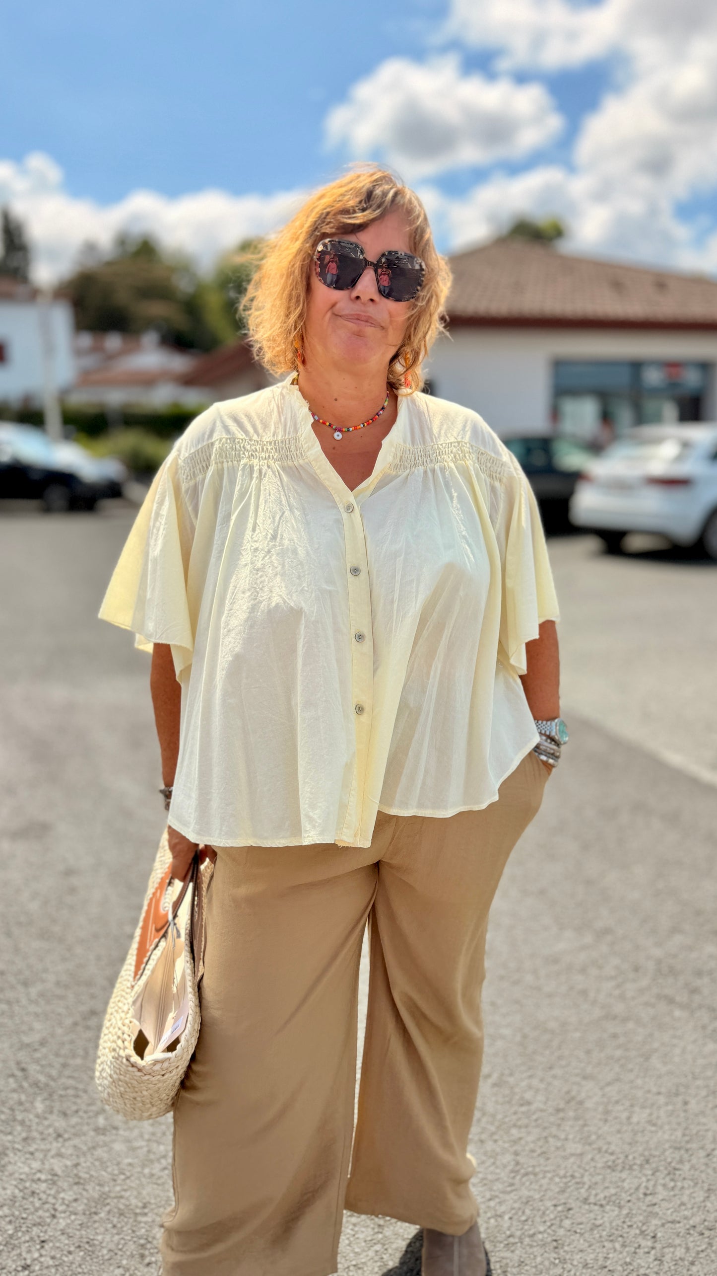 🤍Chemise Garance Fluide – Manches Papillon Col Tunisien