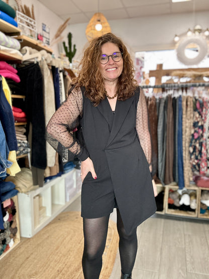 🖤 Combinaison short noire Aline manches transparentes – Grande Taille