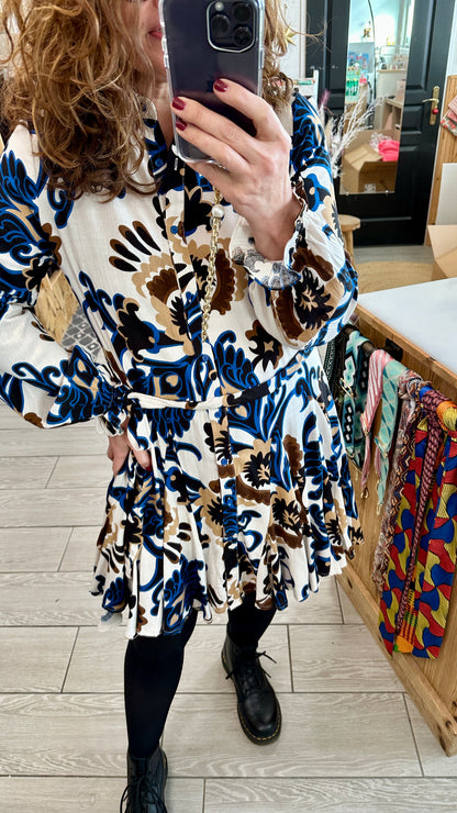 ✨Robe courte à motifs bleu & camel – Ysoline