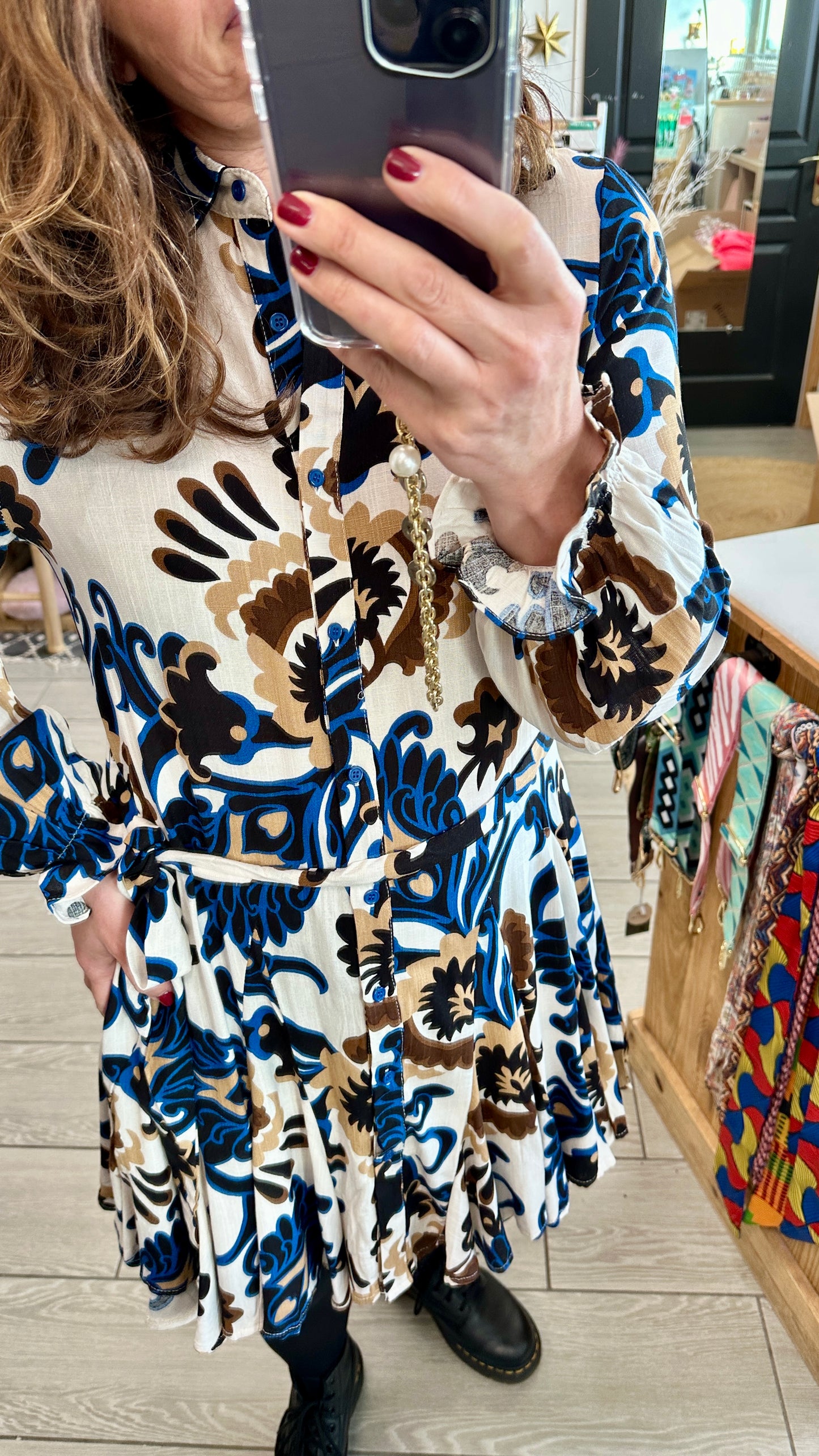 ✨Robe courte à motifs bleu & camel – Ysoline