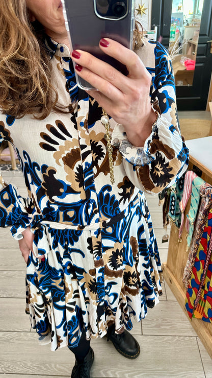 ✨Robe courte à motifs bleu & camel – Ysoline