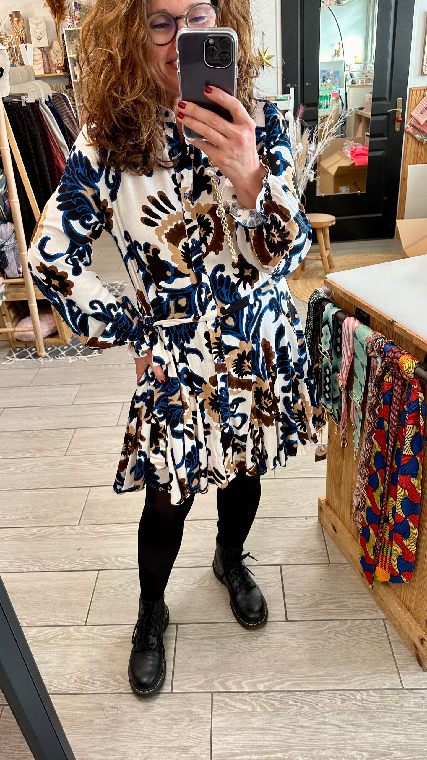 ✨Robe courte à motifs bleu & camel – Ysoline