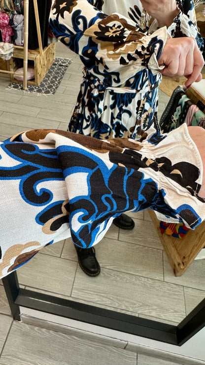 ✨Robe courte à motifs bleu & camel – Ysoline