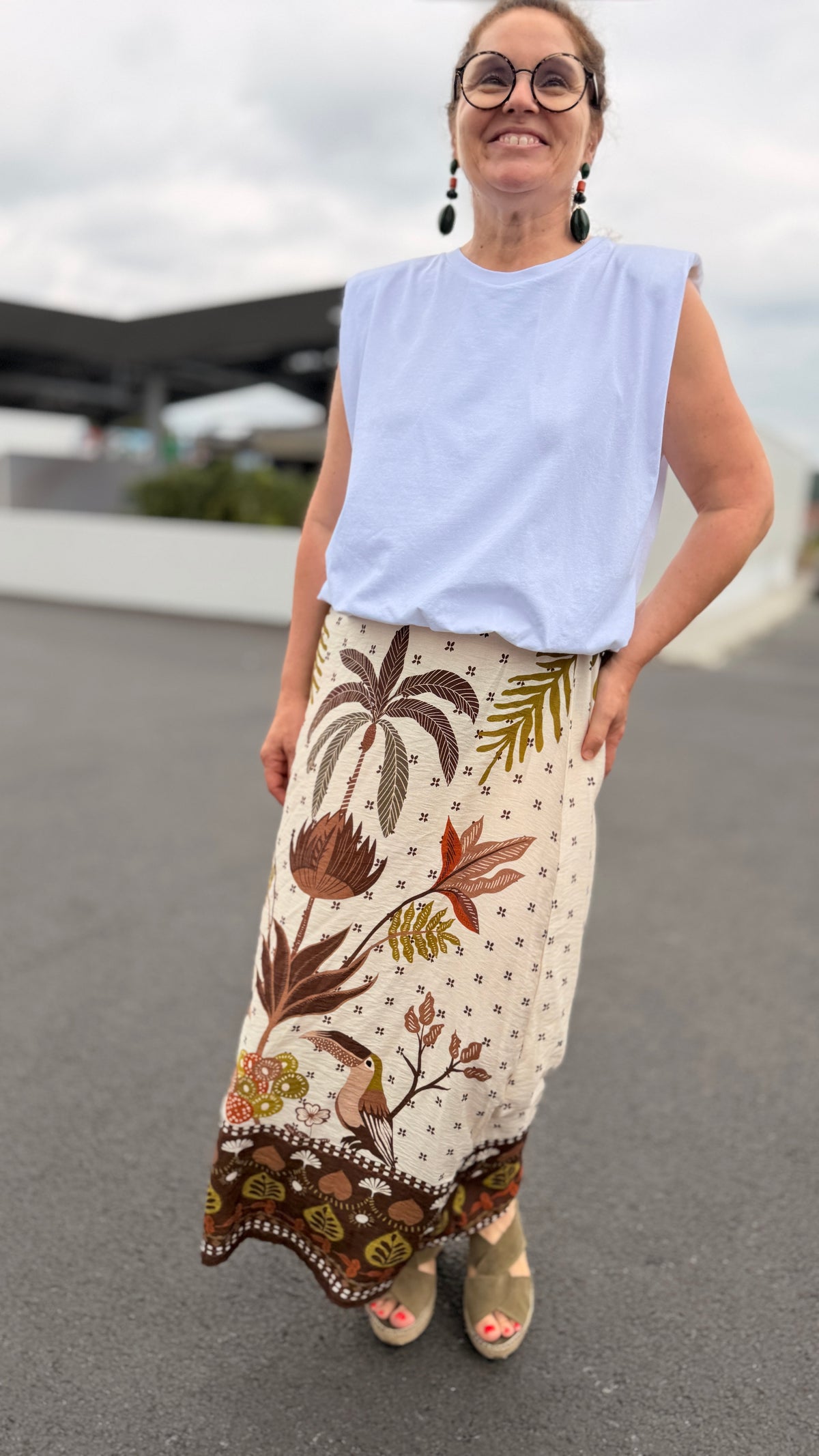 🍂Jupe Lorie – Longue Imprimé Automne Tropical