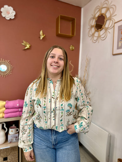 💚Blouse grande taille blanche fleurie bleu et vert – Broderies ajourées