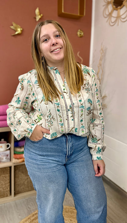 💚Blouse grande taille blanche fleurie bleu et vert – Broderies ajourées