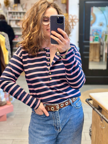 ⚓Tee-shirt Martin marinière boutons – Bleu marine rayures rouge & blanc