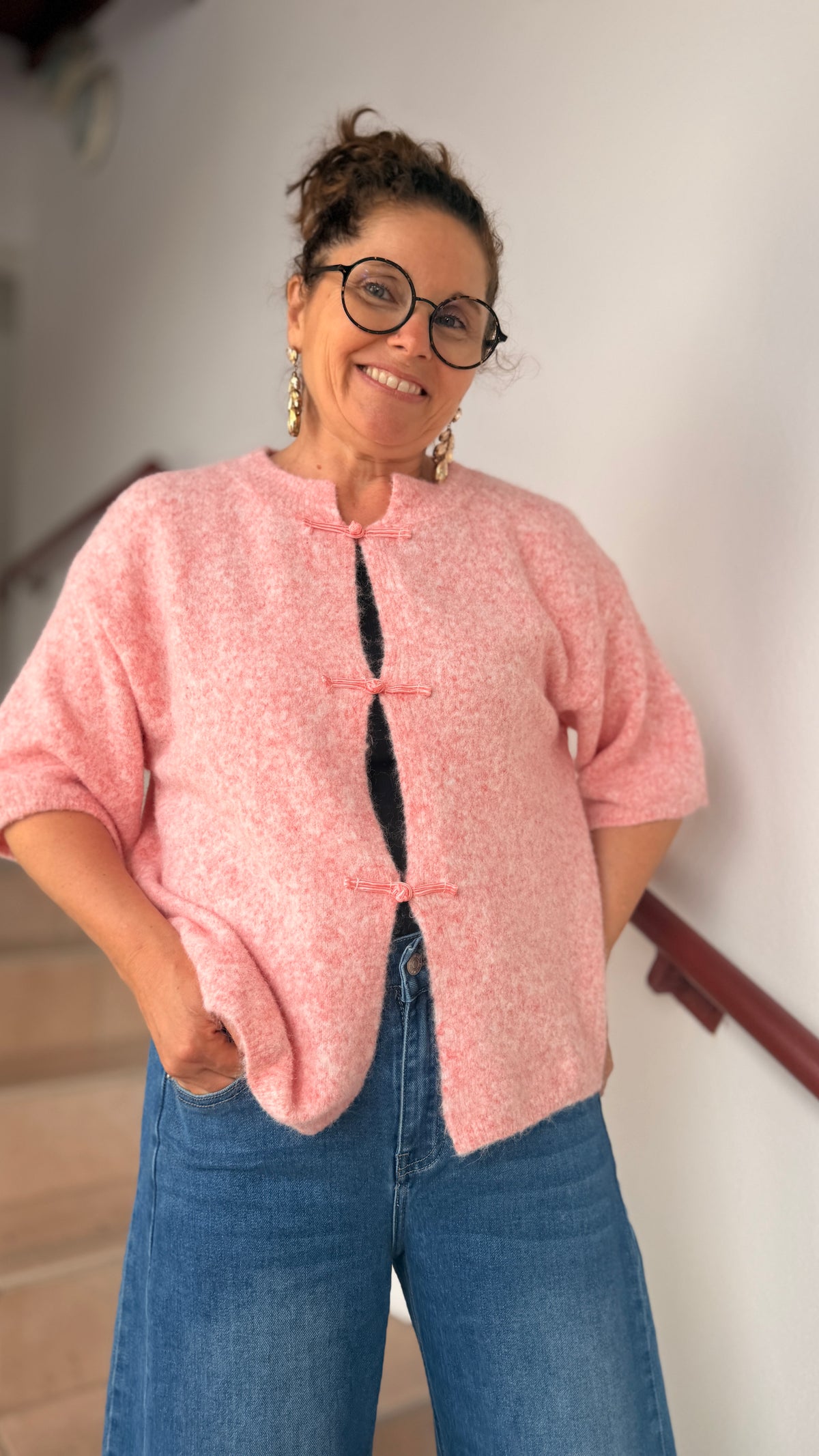 ✨Gilet Naiane Manche 3/4  –Fermeture Bouton Nœud