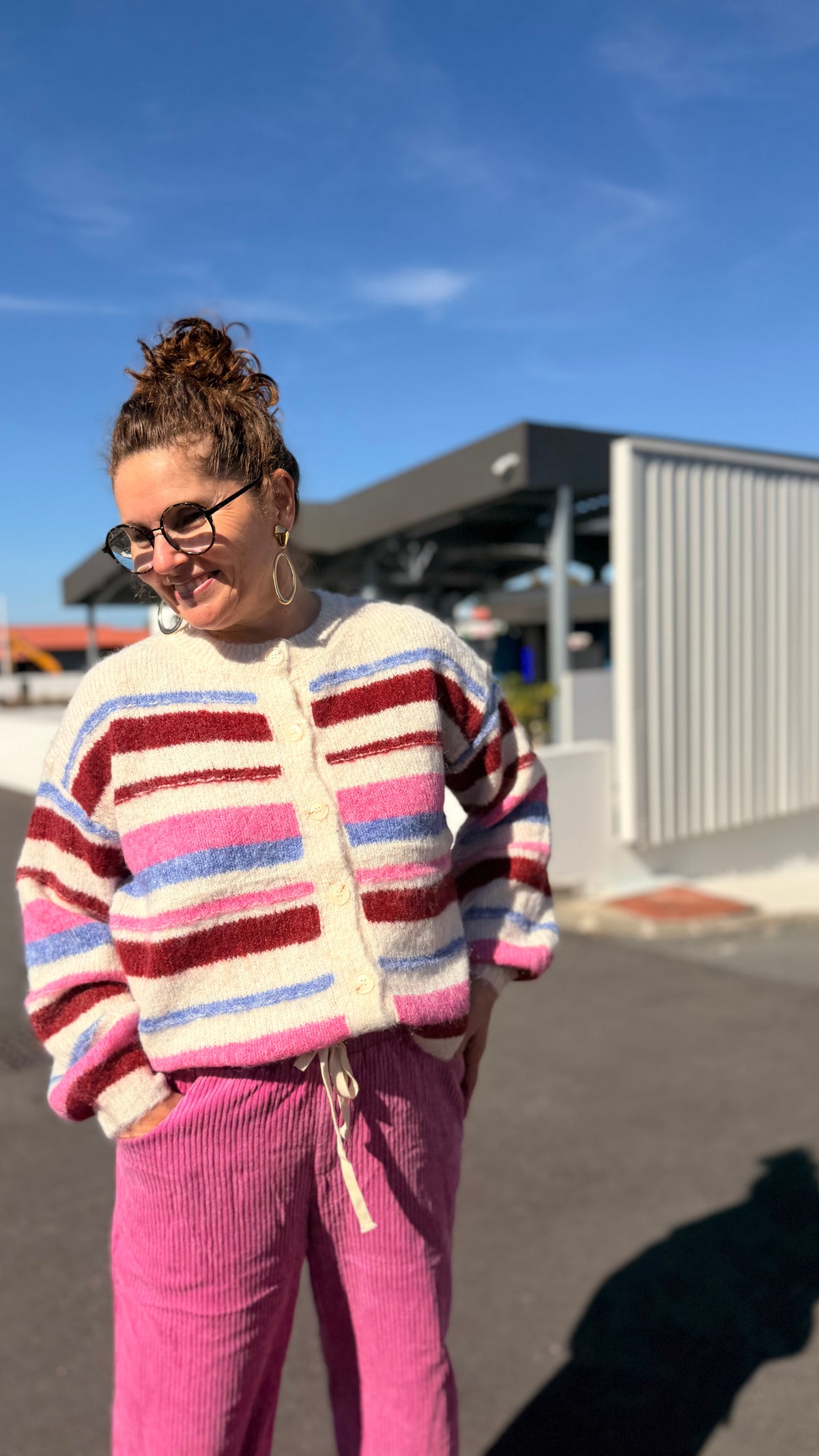 💗Gilet Amélia – Rayé bordeaux et rose