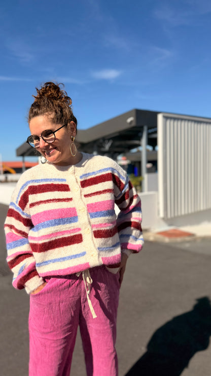 💗Gilet Amélia – Rayé bordeaux et rose