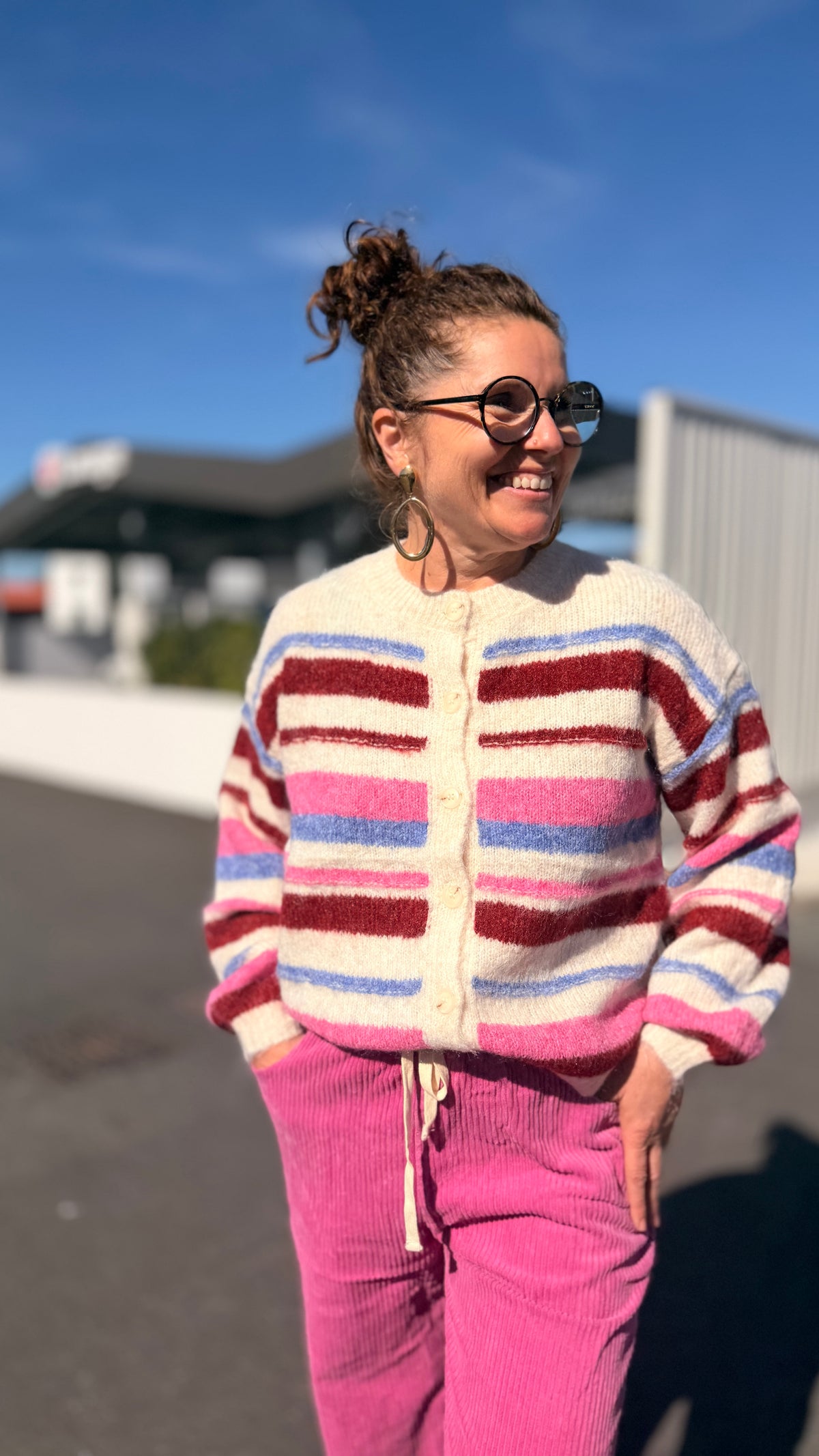 💗Gilet Amélia – Rayé bordeaux et rose