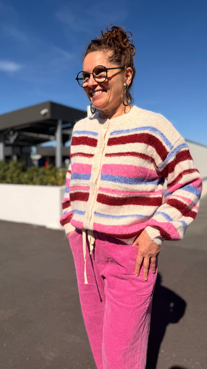 💗Gilet Amélia – Rayé bordeaux et rose