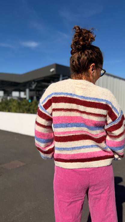 💗Gilet Amélia – Rayé bordeaux et rose