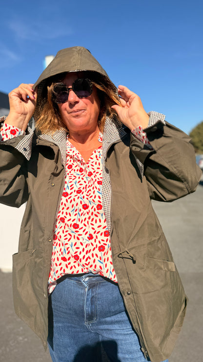 💚Parka courte Claire – Kaki & Vichy grande taille
