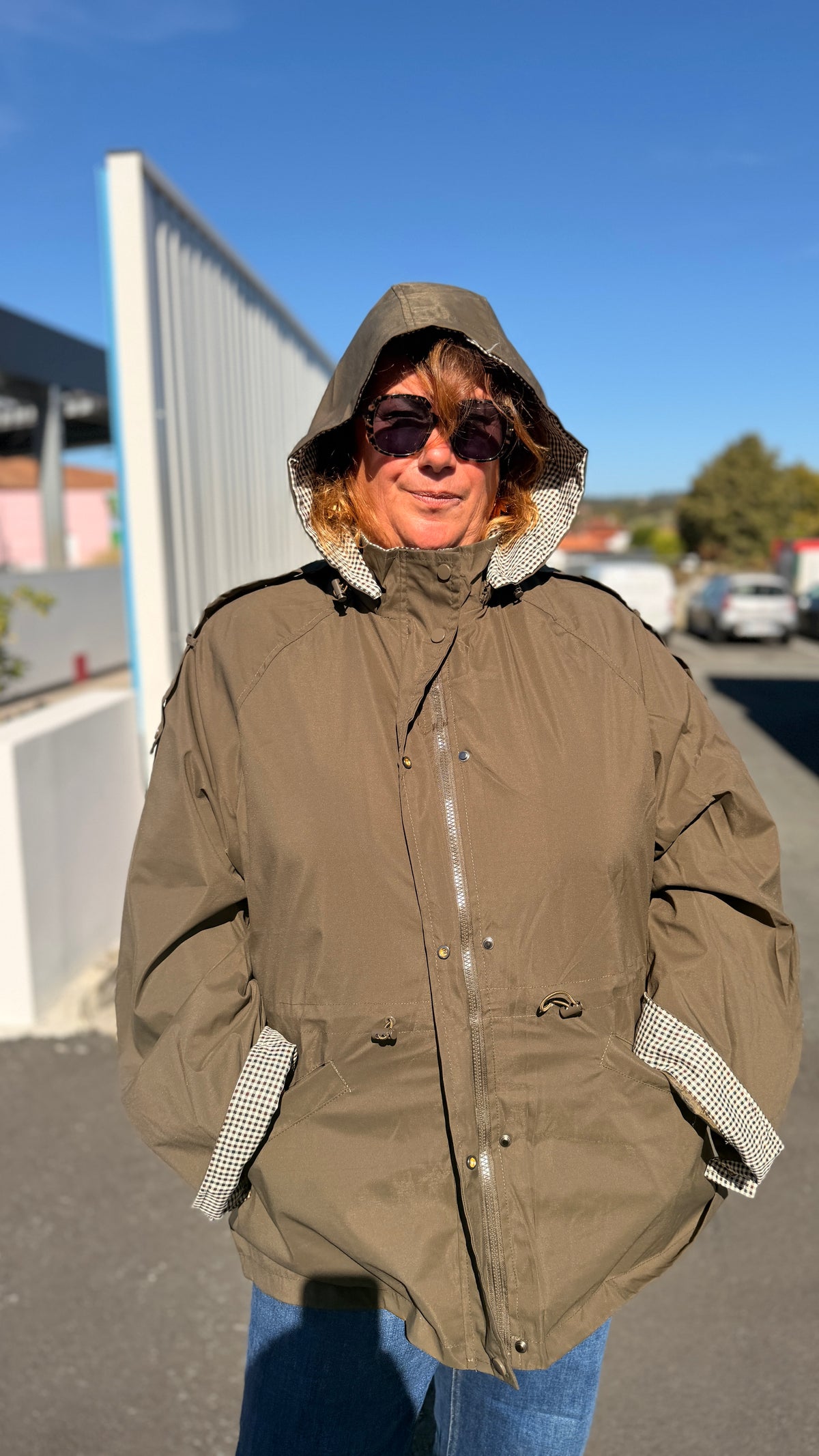 💚Parka courte Claire – Kaki & Vichy grande taille